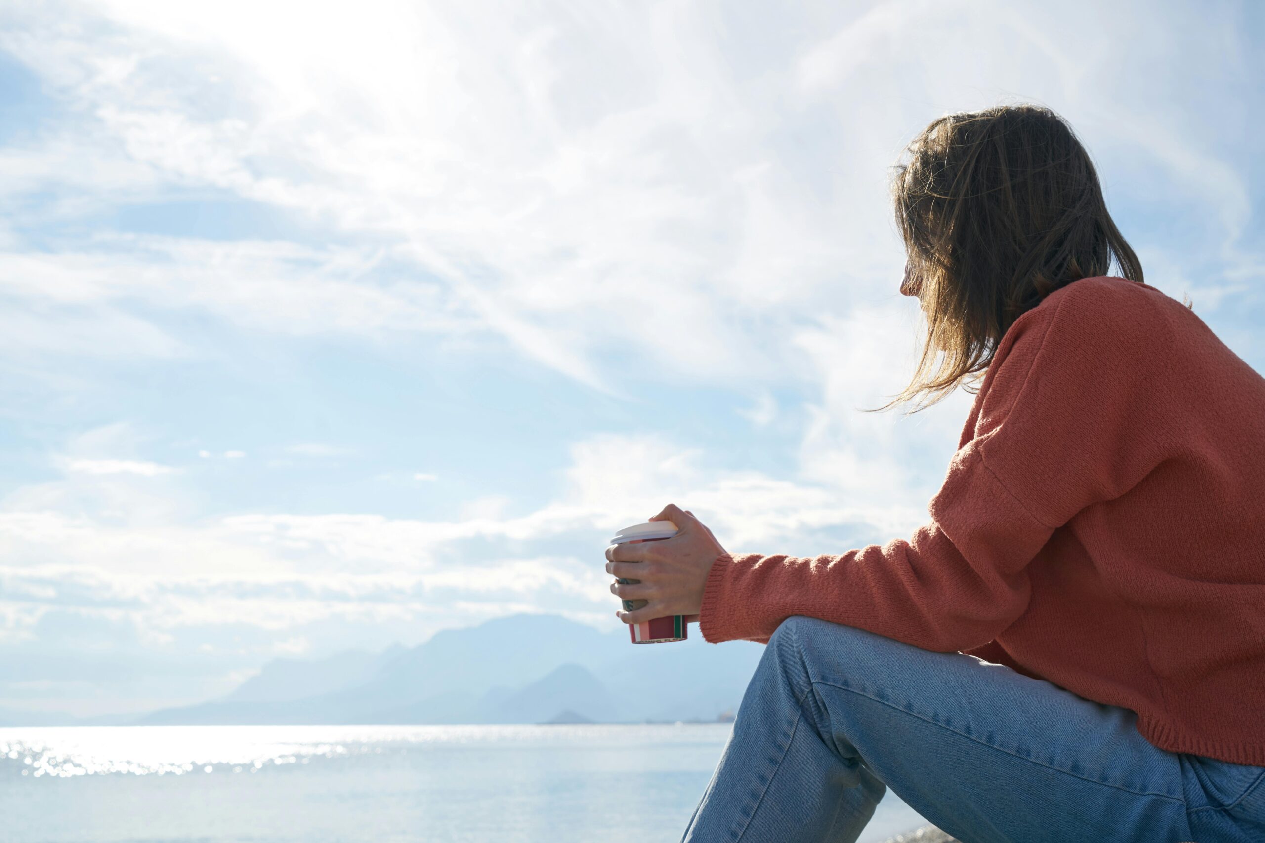 person sitting on beach overlooking water