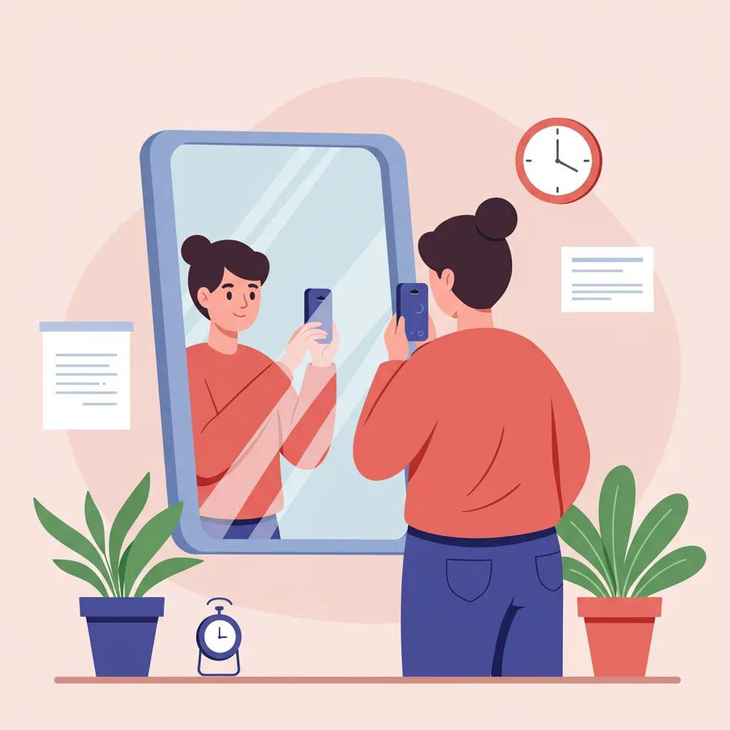A person calmly engaging in a scheduled mirror check, emphasizing structured self-reflection