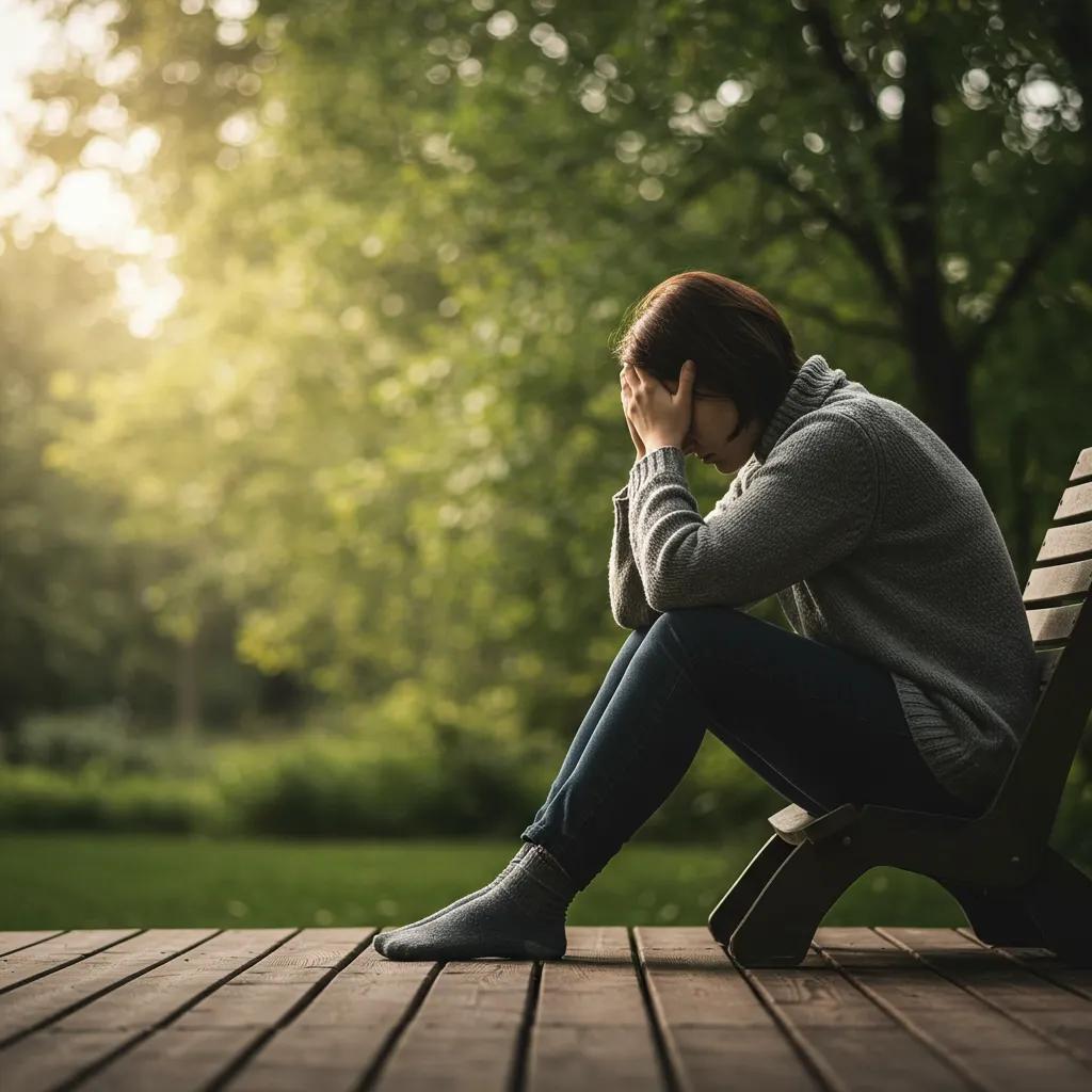 A person in a peaceful setting reflecting on mental health, symbolizing anxiety and calmness
