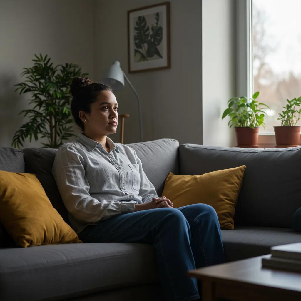 Comfortable living room scene with a person reflecting on mental health, symbolizing support for agoraphobia