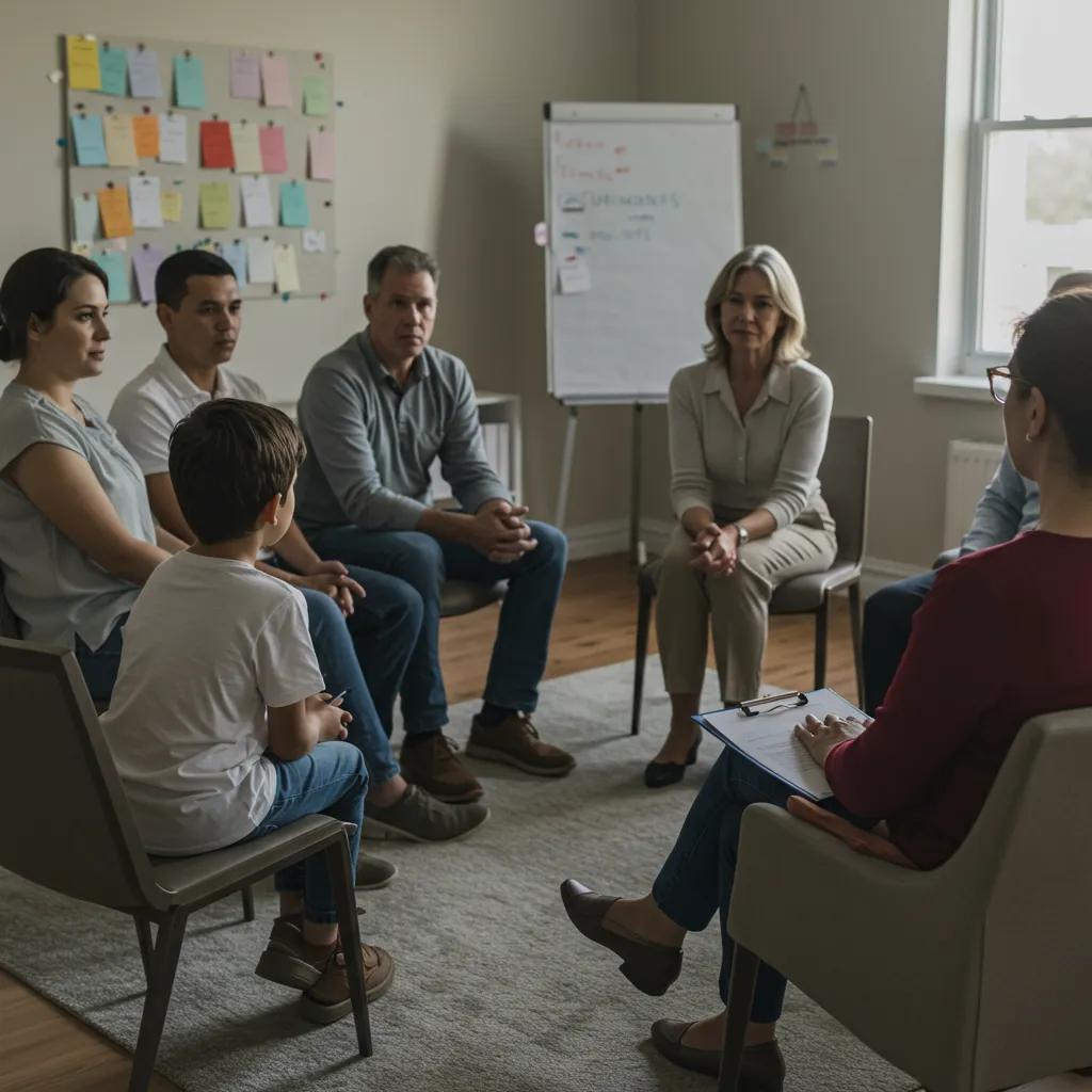 Family members engaged in a supportive group therapy session, highlighting the benefits of family group therapy