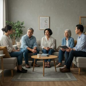 Family members participating in a group therapy session, showcasing communication and support