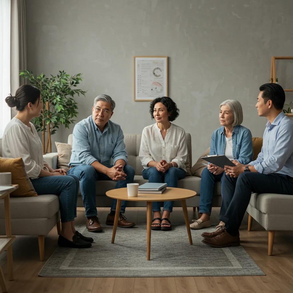 Family members participating in a group therapy session, showcasing communication and support