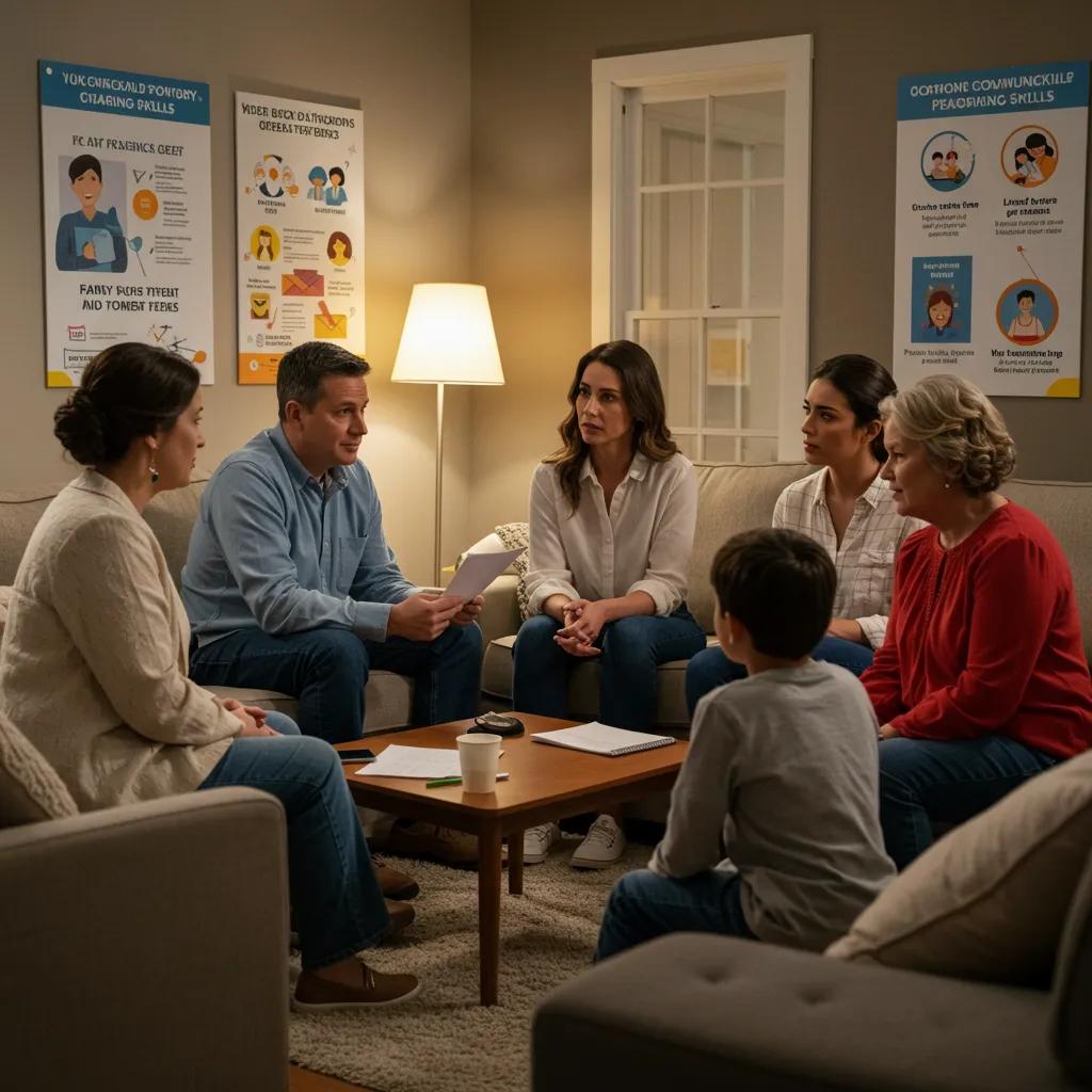 Family members practicing active listening and communication skills during a group therapy session