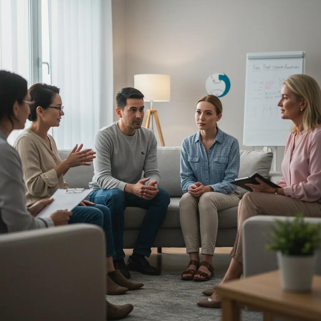 Family members practicing communication skills during therapy, highlighting the benefits of family group therapy