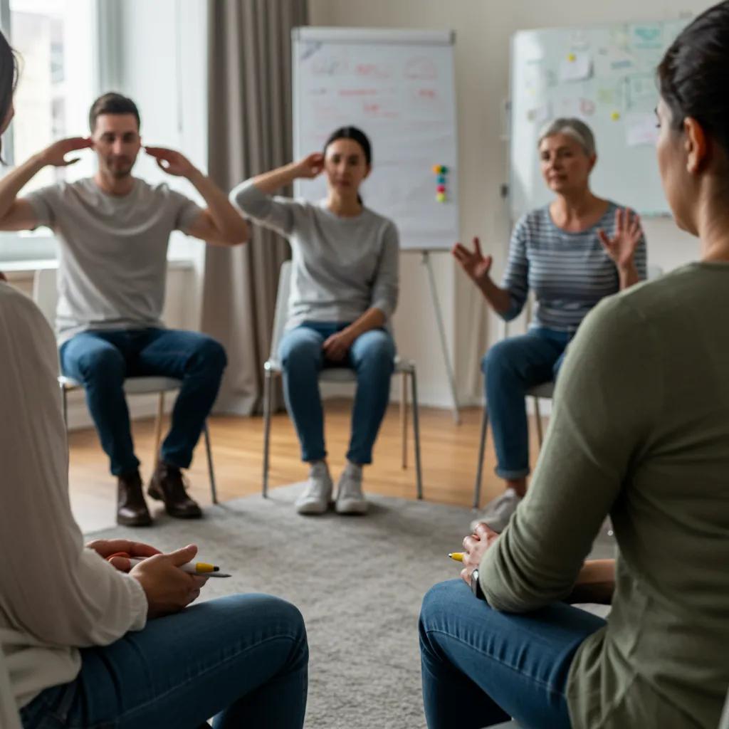 Family members practicing effective therapy techniques for rebuilding trust during a session