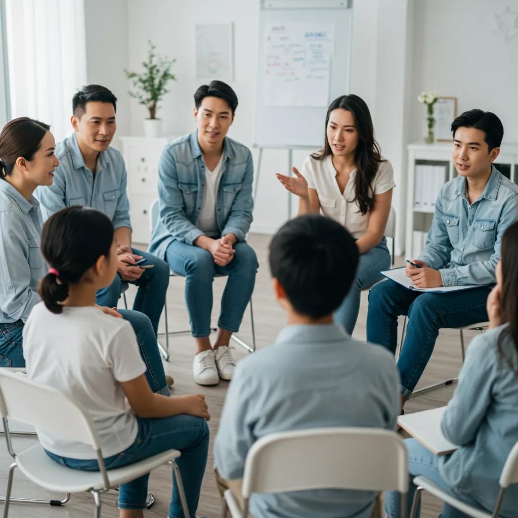 Family practicing communication skills in a therapy session, focusing on active listening
