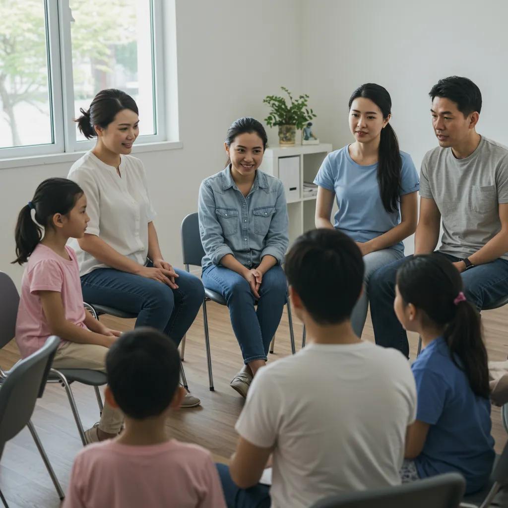 Family practicing communication techniques in a therapy session