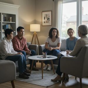 Family therapy session focused on conflict resolution with engaged family members and a supportive therapist