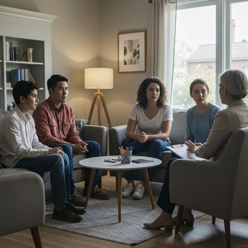 Family therapy session focused on conflict resolution with engaged family members and a supportive therapist