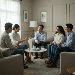 Family therapy session illustrating trust building among family members in a supportive environment