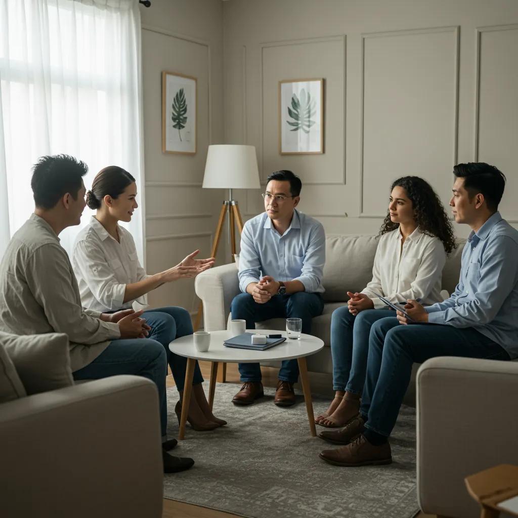 Family therapy session illustrating trust building among family members in a supportive environment