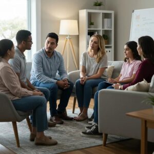 Family therapy session with diverse family members engaging in a supportive environment