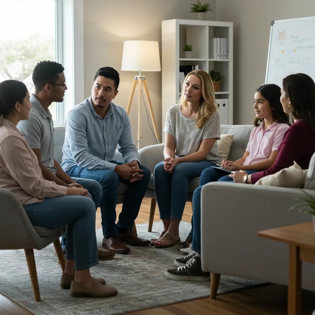 Family therapy session with diverse family members engaging in a supportive environment
