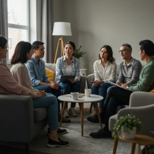 Family therapy session with diverse members discussing in a cozy environment