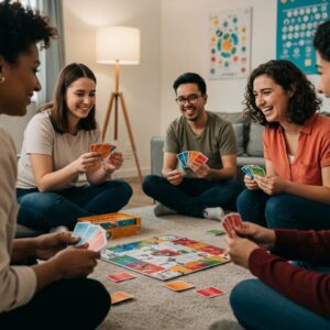 Group of diverse individuals engaged in a cognitive behavioral therapy game, showcasing joy and interaction