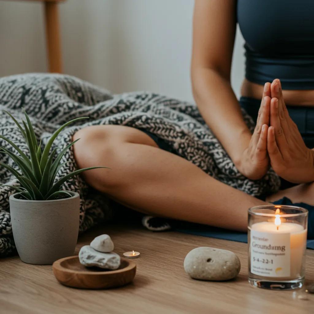 Individual practicing grounding techniques in a cozy indoor setting, demonstrating practical coping strategies for OCD panic attacks