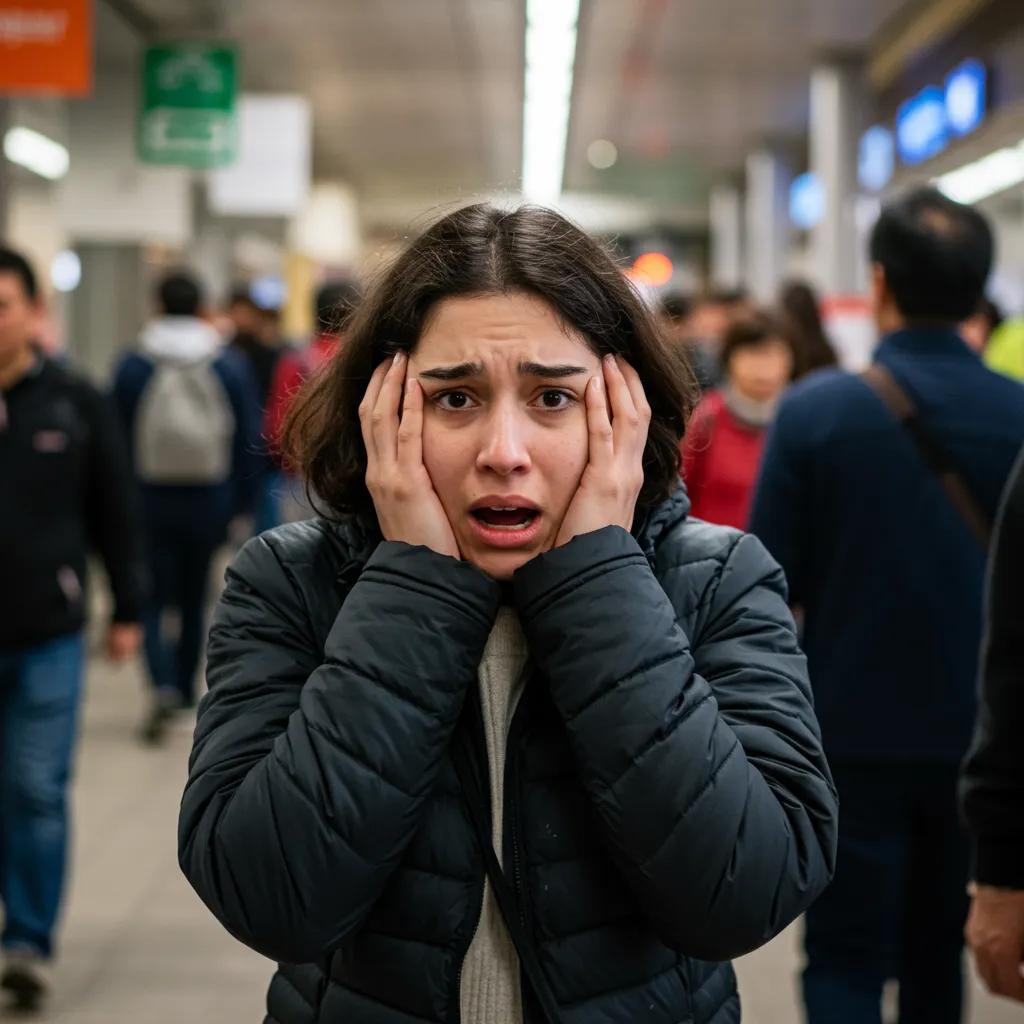 Individual showing signs of anxiety in a crowded public space, illustrating the physical and behavioral symptoms of agoraphobia