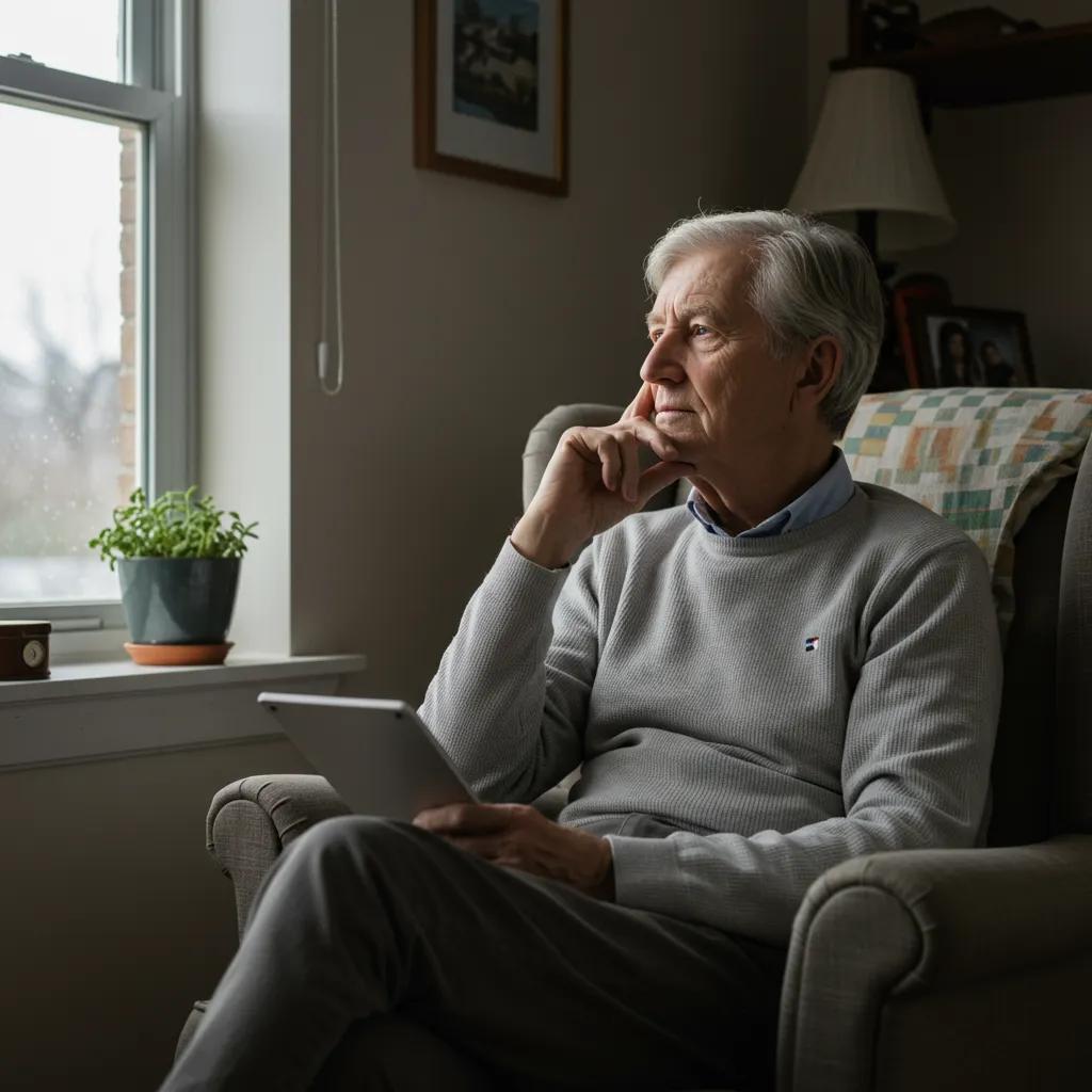 Older adult reflecting on OCD symptoms in a warm, inviting setting. Does OCD Get Worse With Age?