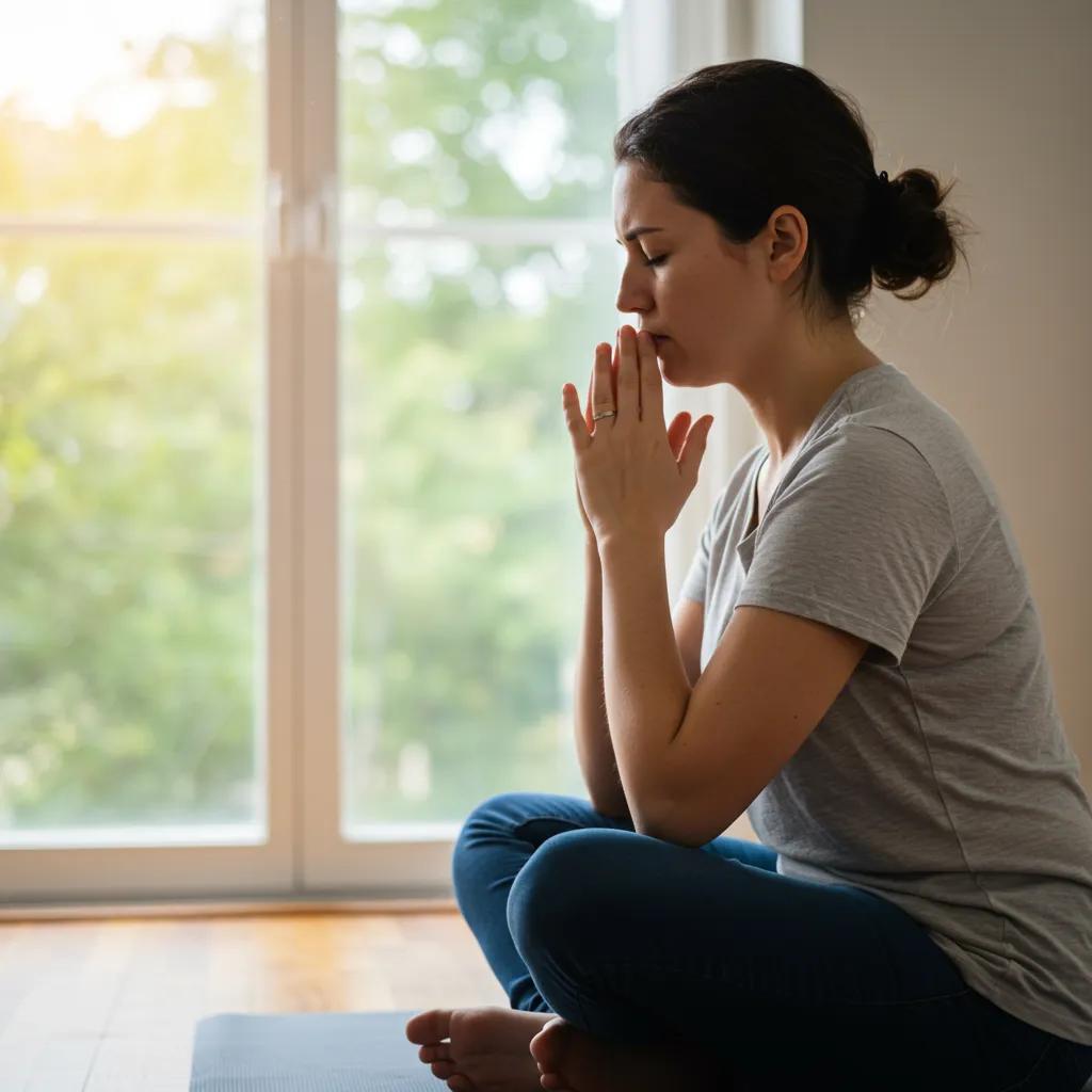 Person practicing deep breathing techniques in a serene environment to manage panic attacks