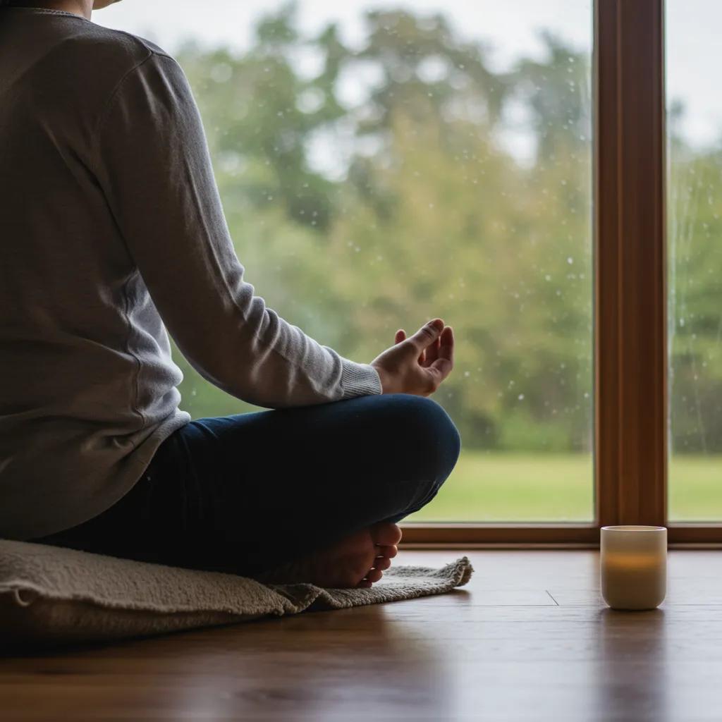 Person practicing mindfulness in a tranquil setting, representing strategies to overcome health anxiety