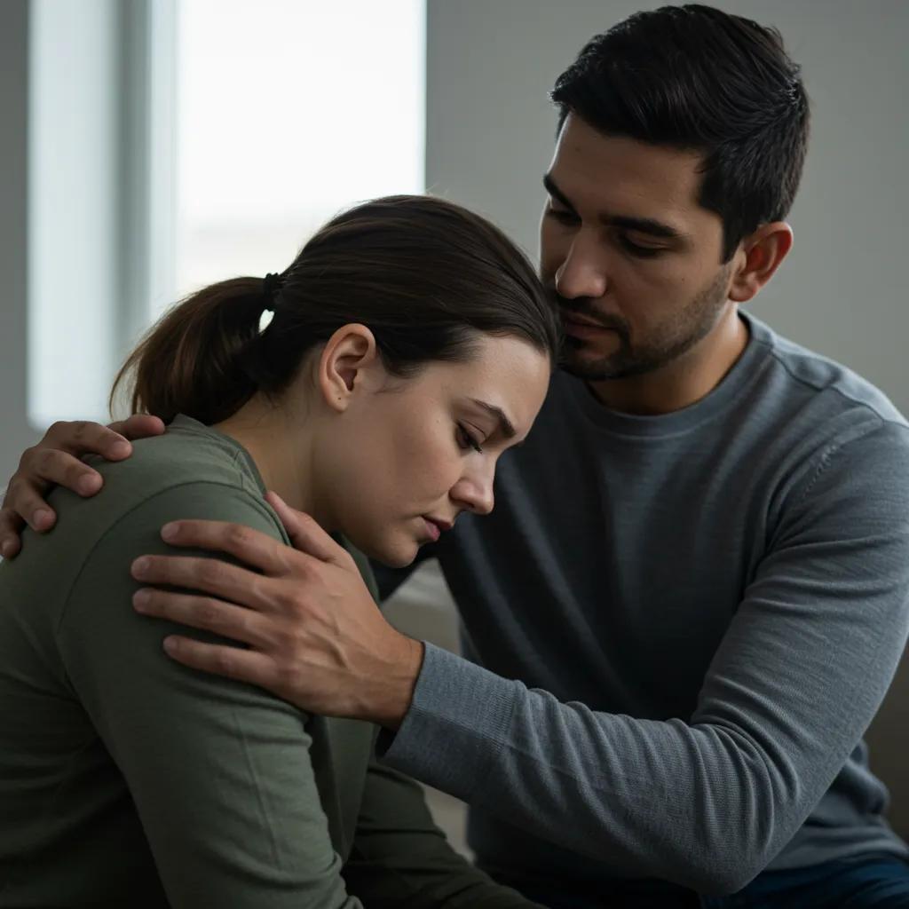 Supportive friend comforting someone experiencing a panic attack in a safe space