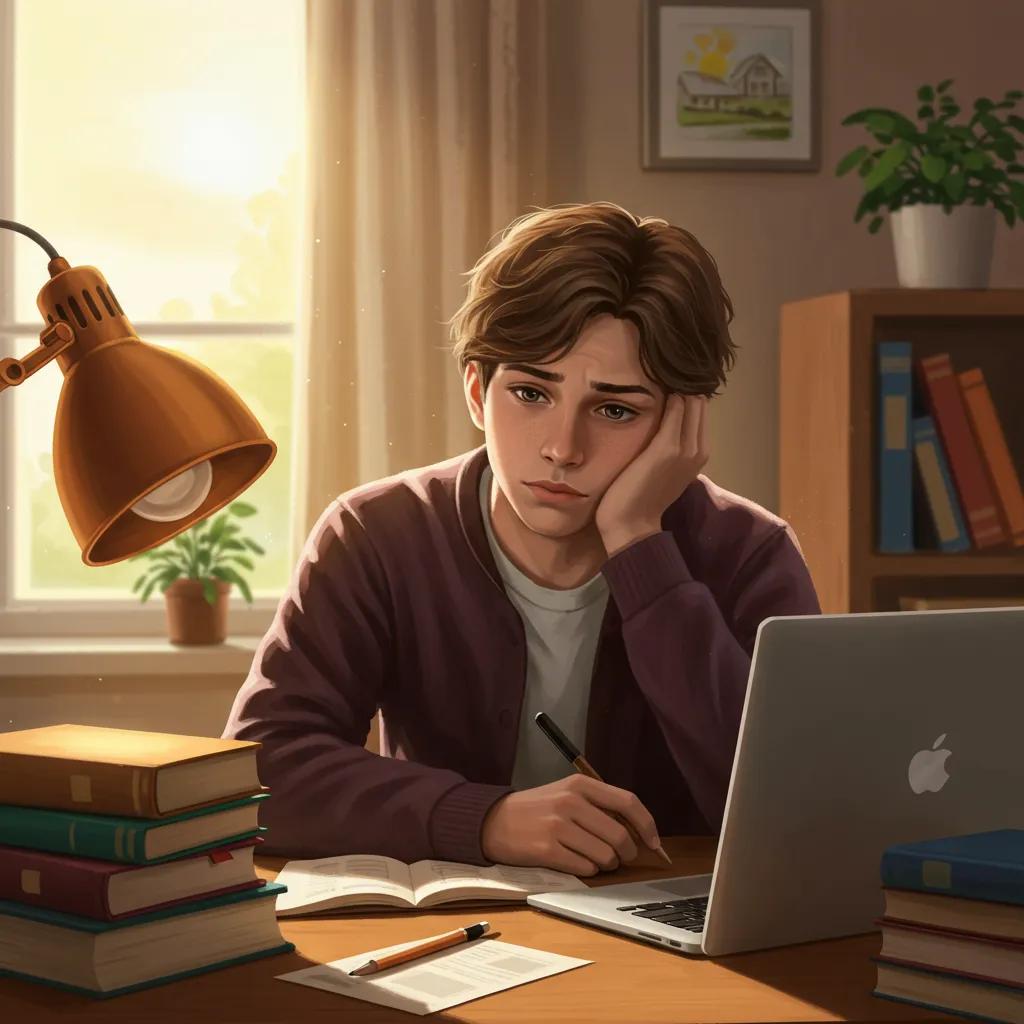 Teenager at a desk showing signs of anxiety about school, surrounded by school supplies