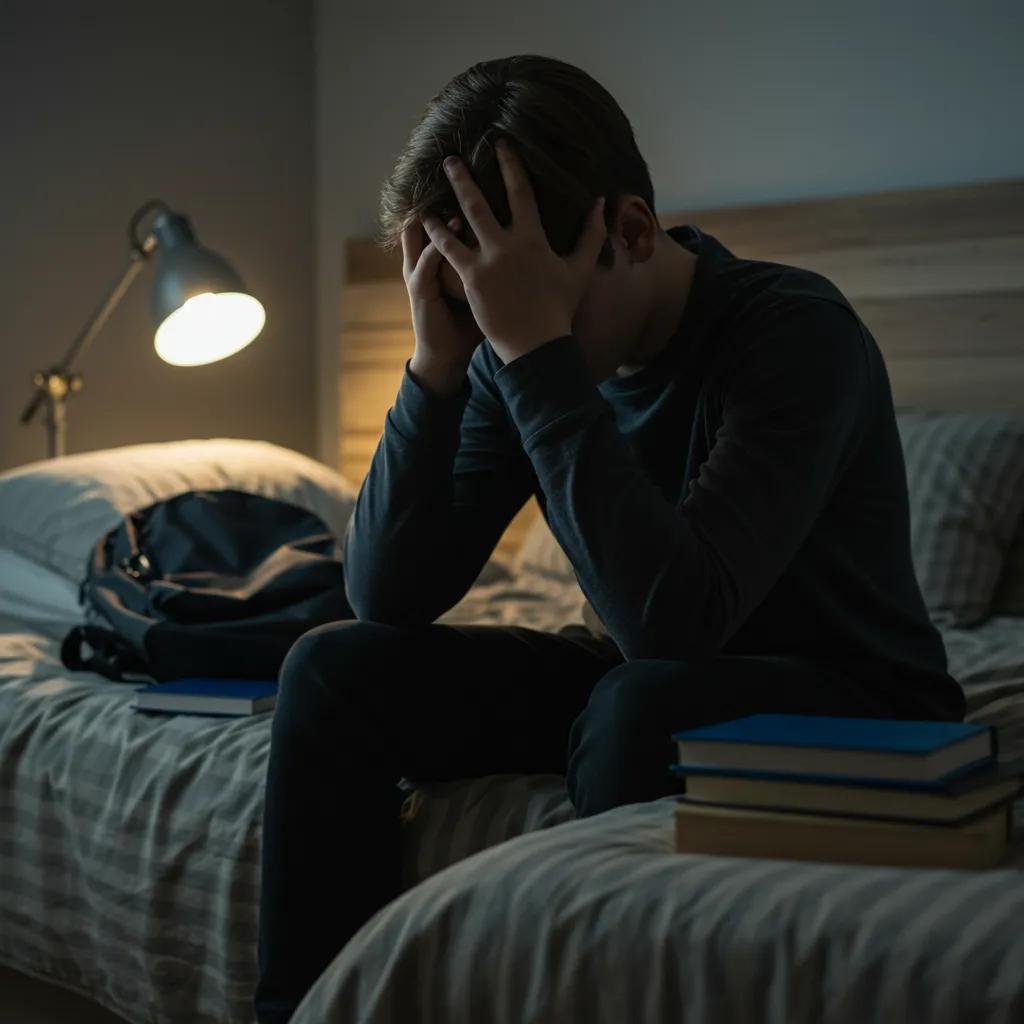Teenager showing distress and anxiety about school, sitting on a bed in a dimly lit room