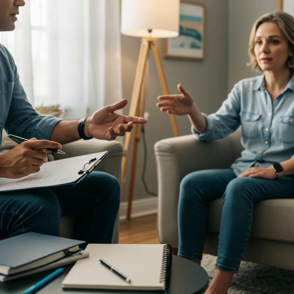 Therapist and client engaged in a supportive therapy session for health anxiety