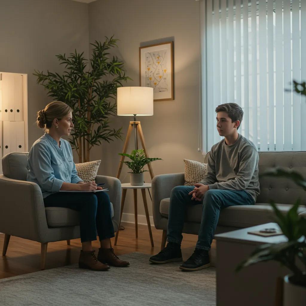 Therapist and teenager in a supportive therapy session, emphasizing effective treatment for school avoidance