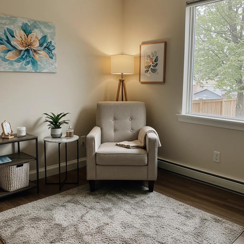 Therapy room designed for OCD management, featuring calming decor and comfortable seating