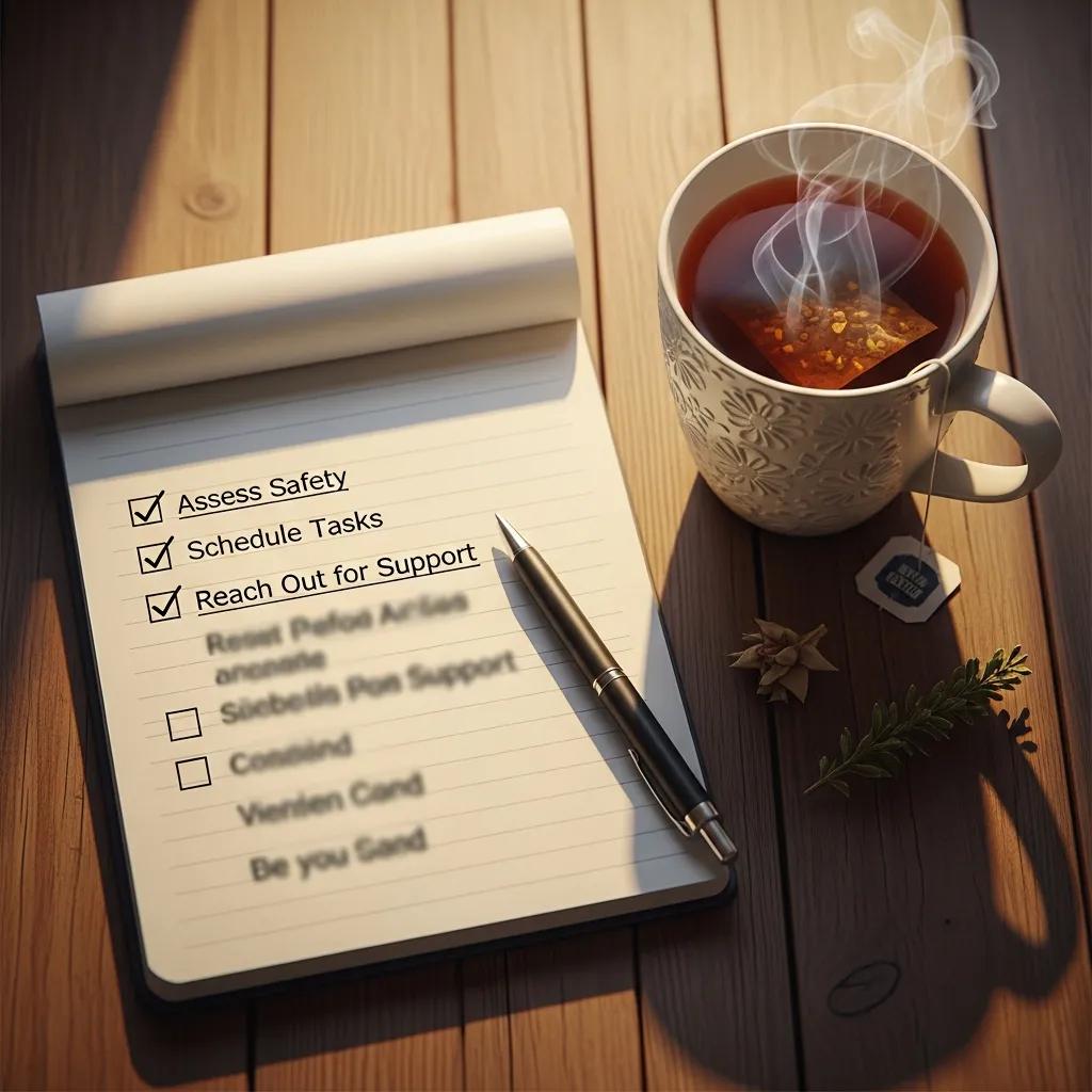 A checklist for immediate recovery steps during a depressive episode, emphasizing self-care and support