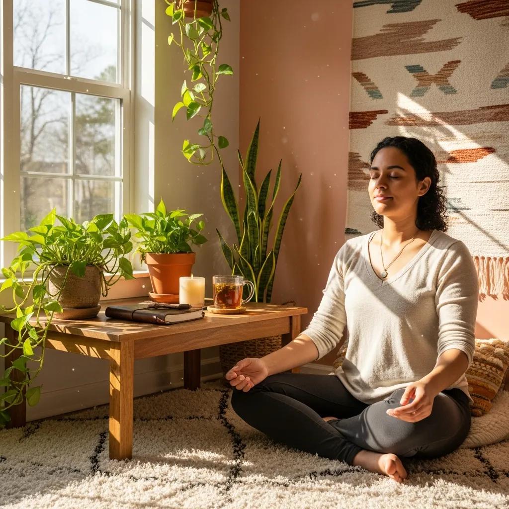 A person practicing self-care in a calming environment, symbolizing recovery from depression