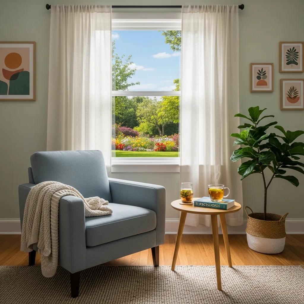 Cozy therapy room with calming decor and inviting atmosphere for mental health support