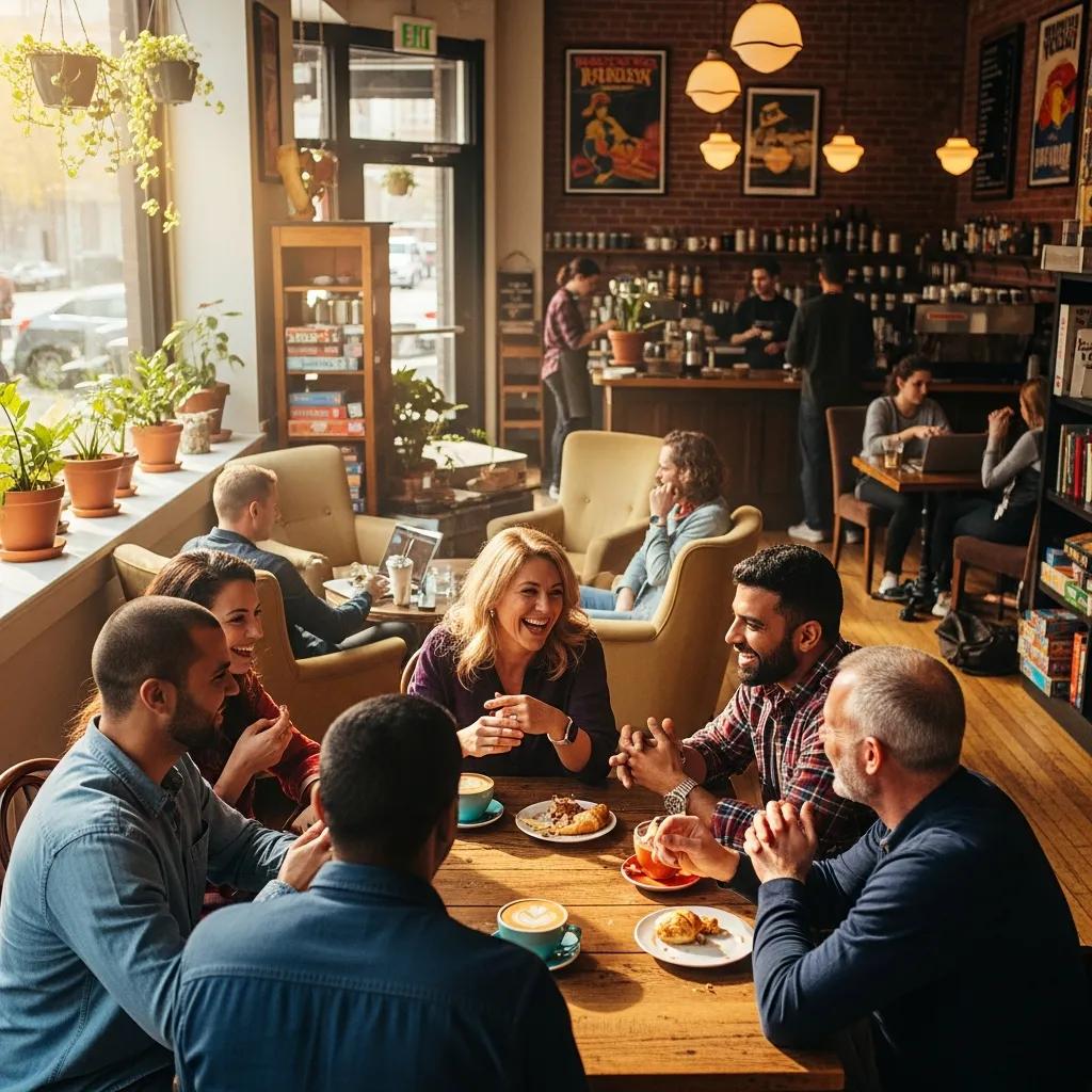 Diverse individuals engaging in conversation at a coffee shop, representing social connection and support to reduce isolation