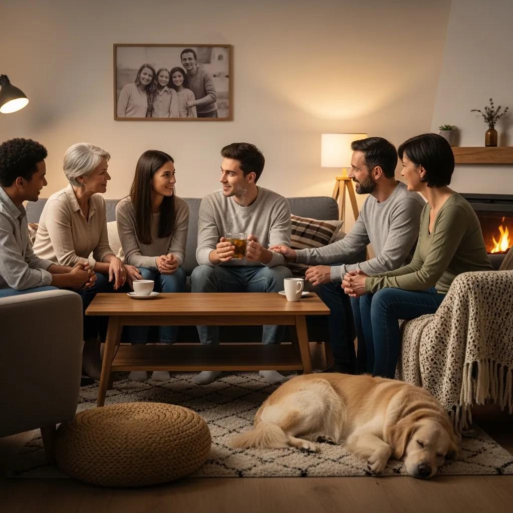 Family members supporting each other in a cozy living room, emphasizing the role of family in depression recovery