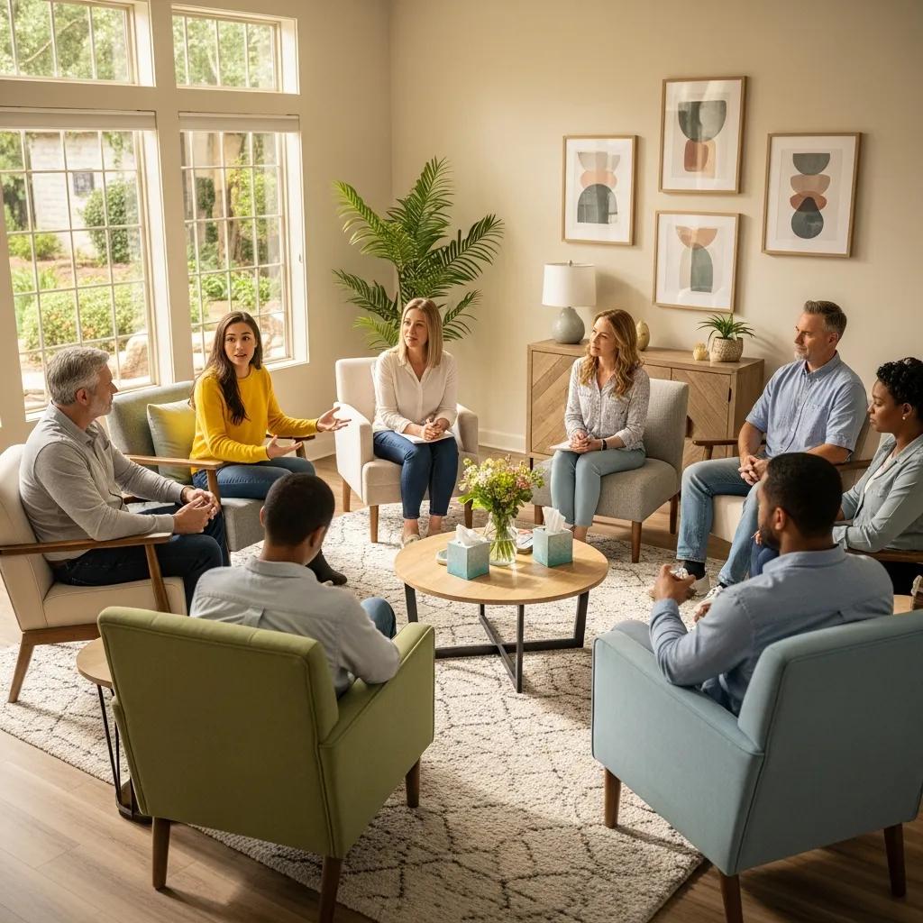 Group therapy session in a residential treatment setting, showcasing active engagement and support