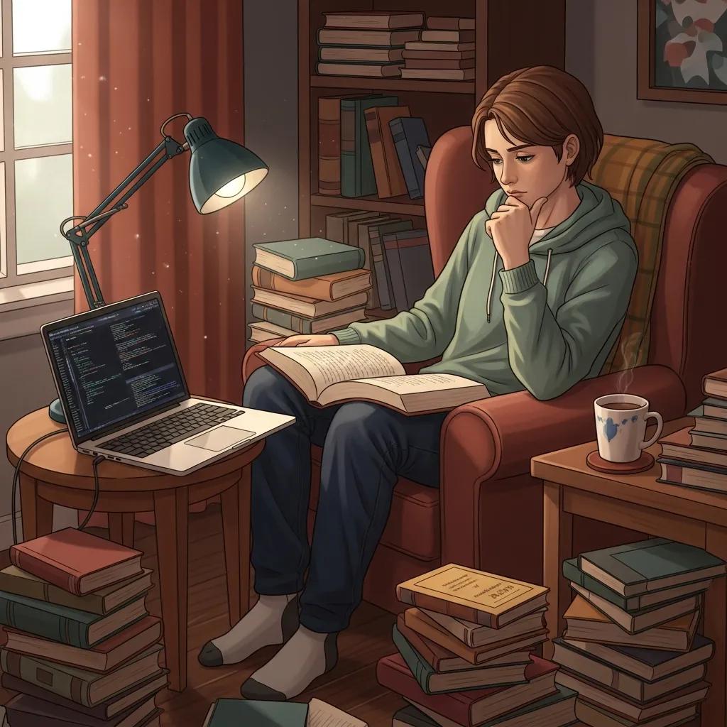Introspective individual in a cozy room surrounded by books, reflecting on thoughts related to depression and intelligence