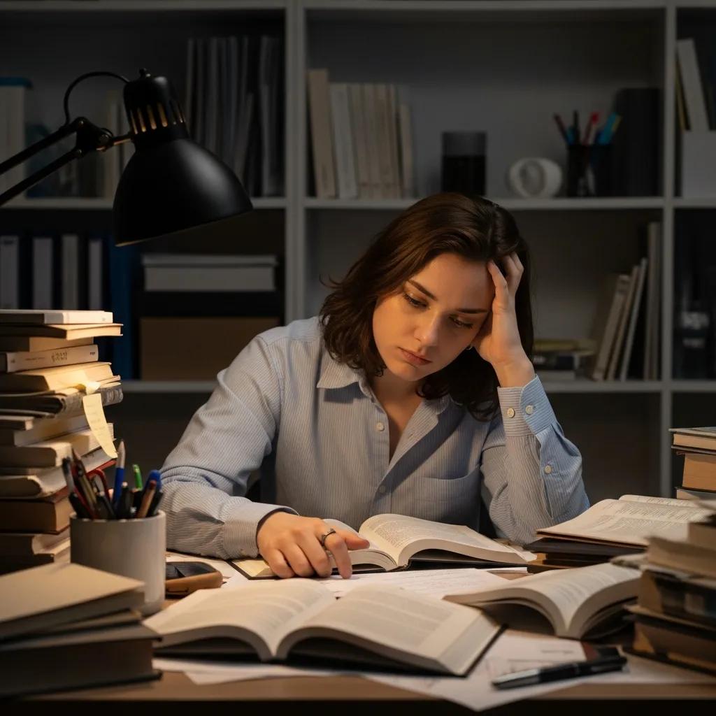 Person overwhelmed by overthinking, surrounded by scattered papers and books, illustrating cognitive load and rumination