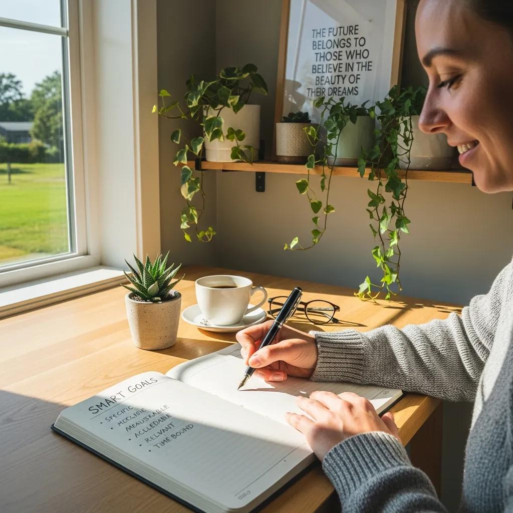 Person writing SMART goals in a bright, inviting workspace, symbolizing hope and determination in depression recovery