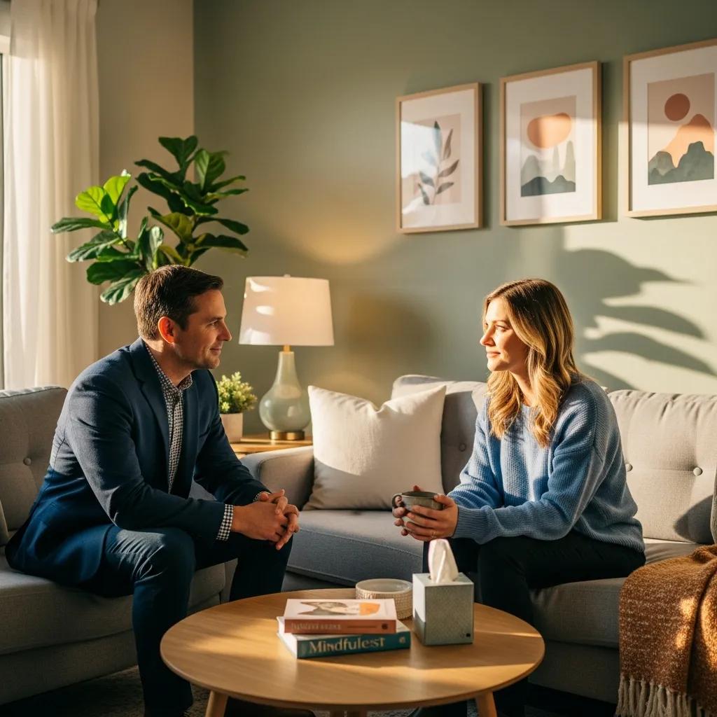 Therapist and client in a cozy therapy room, emphasizing the need for professional help in short-term depression
