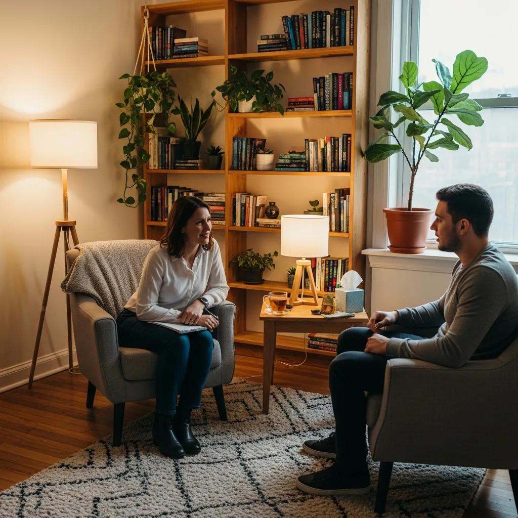 Therapist and client in a supportive therapy session, highlighting the role of therapy in overcoming depression