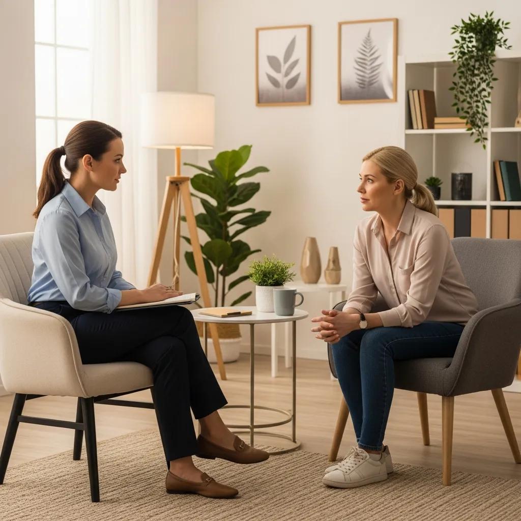 Therapy session with therapist and client discussing mental health, emphasizing the 4 P's of therapy