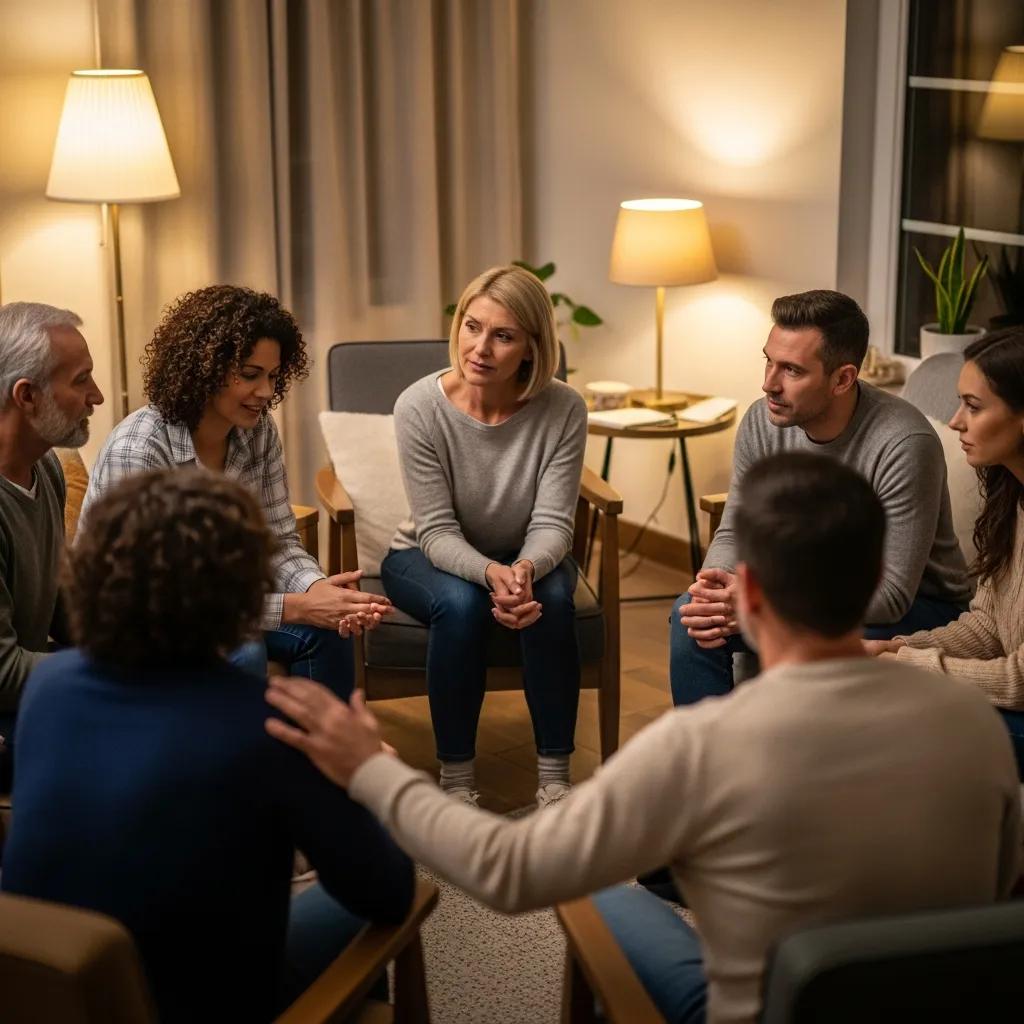 Diverse group in a support session, sharing experiences and coping strategies for mental health