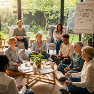 Diverse group participating in a mental health workshop, showcasing support and community