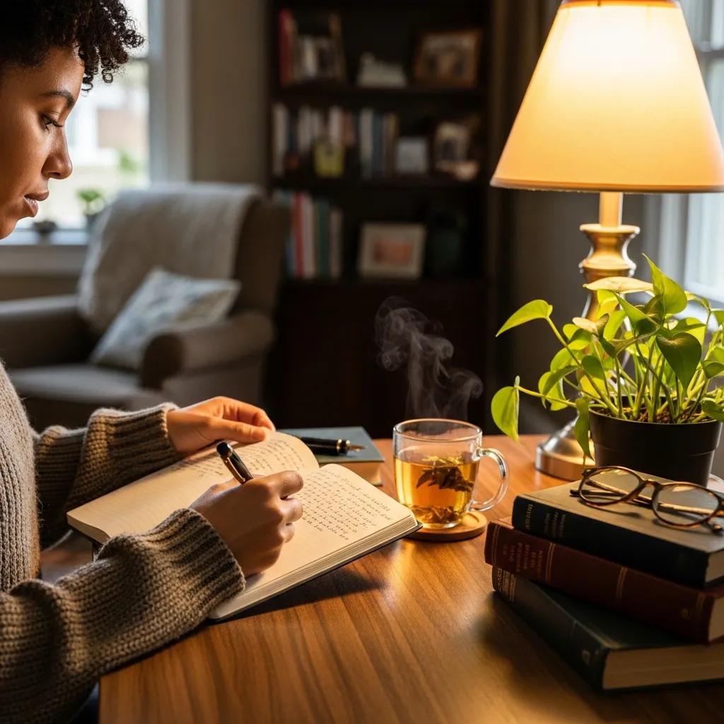 Individual journaling in a cozy space, symbolizing self-trust and emotional clarity