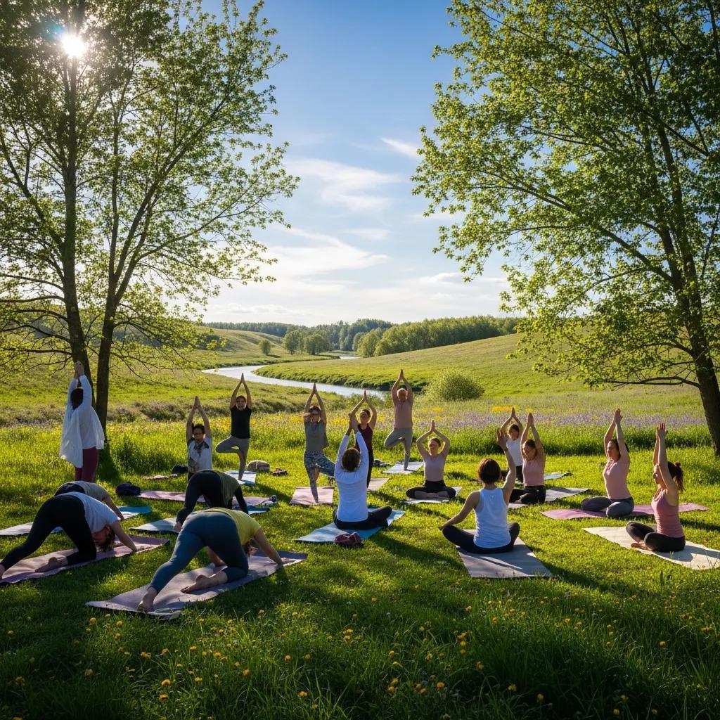 Participants practicing yoga outdoors, highlighting holistic approaches to mental wellness