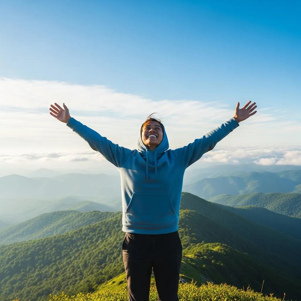 Person celebrating recovery on a mountain top, symbolizing hope and self-discovery after a mental health diagnosis