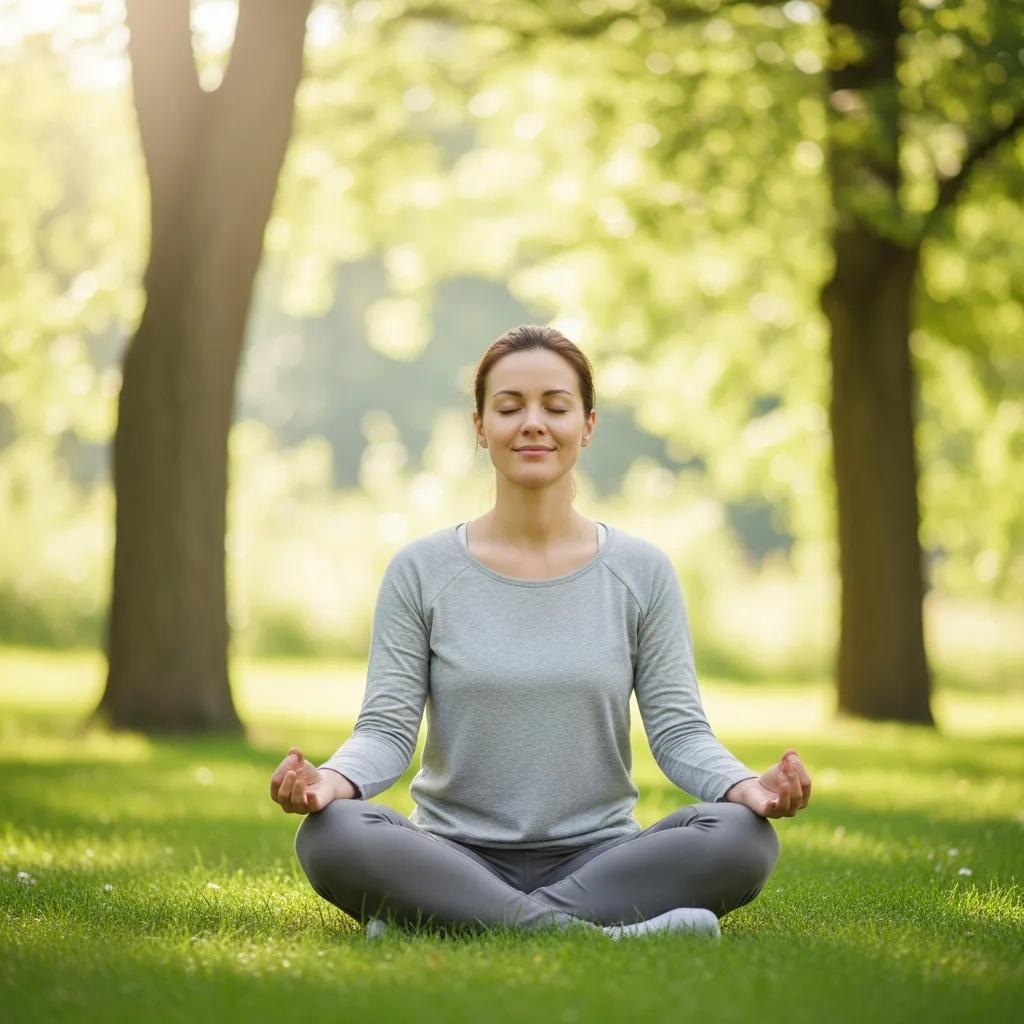 Person practicing mindfulness outdoors in a serene natural setting
