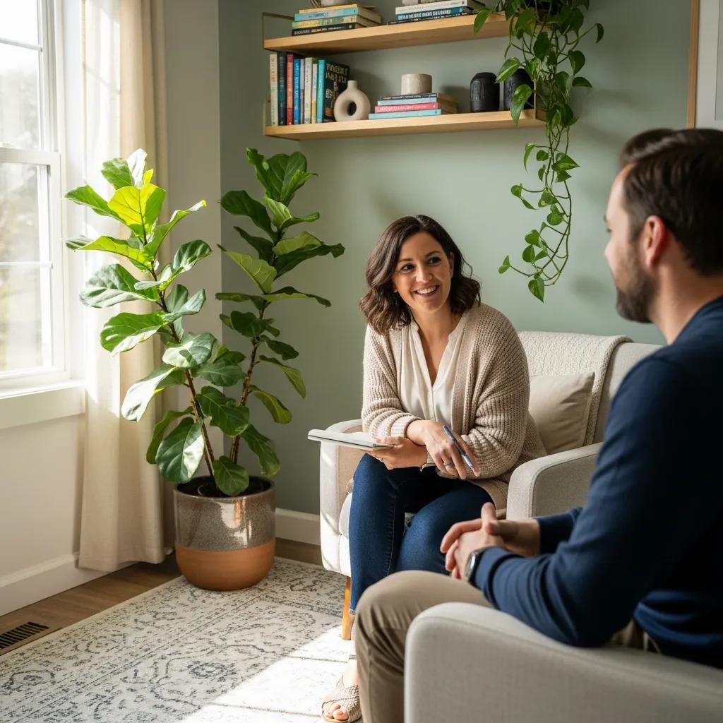 Therapist and client in a cozy therapy session, emphasizing evidence-based mental health strategies